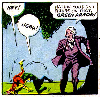 fall, Green Arrow (Oliver Queen), grunt, superhero, trip, ugh, verbal