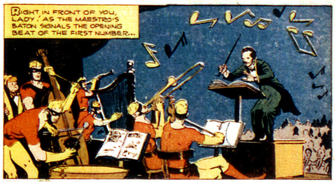 cello, drums, harp, instrument, Johnny Quick (Johnny Chambers), music, notes, orchestra, super-speed, superhero, trombone, trumpet, violin