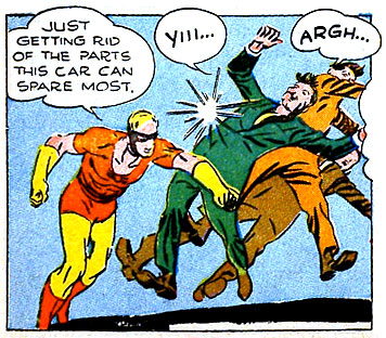 argh, collision, Johnny Quick (Johnny Chambers), pain, punch, superhero, verbal, yell
