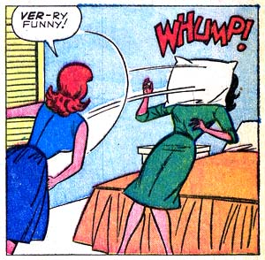 Hedy Wolfe, humor, Patsy Walker, pillow, pillow fight, whump